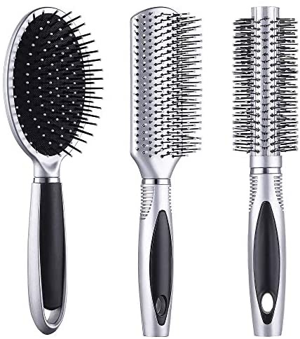 Amazon.com : NUFR Beauty Hair Brush Set, Straight & Smooth Soft Touch Paddle Brush Round Brush and Detangling Brush,(Silver) : 梳子3把