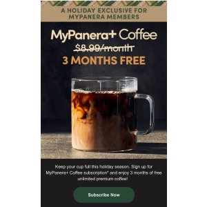 $0 Panera三个月咖啡免费喝