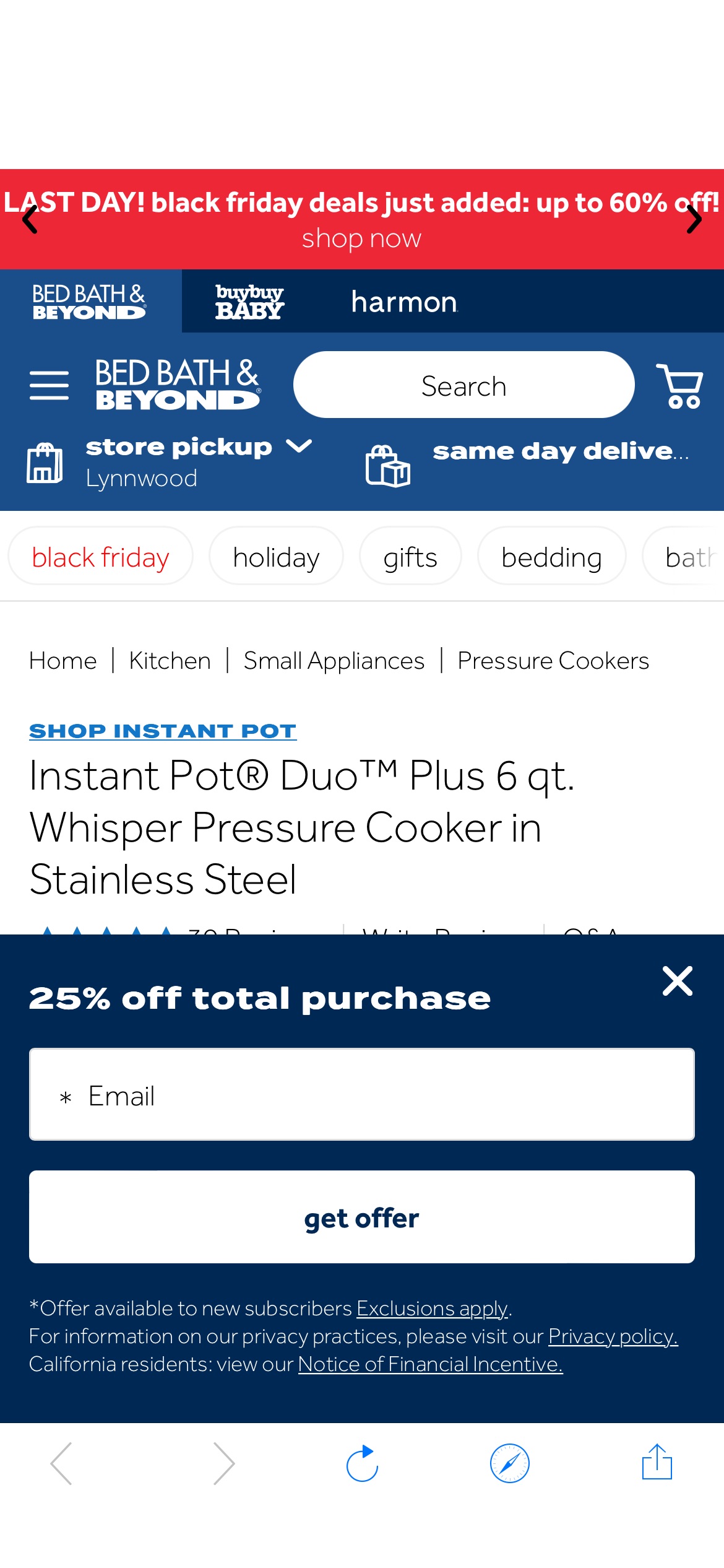 Instant Pot® Duo™ Plus 6 qt. Whisper Pressure Cooker in Stainless Steel | Bed Bath & Beyond