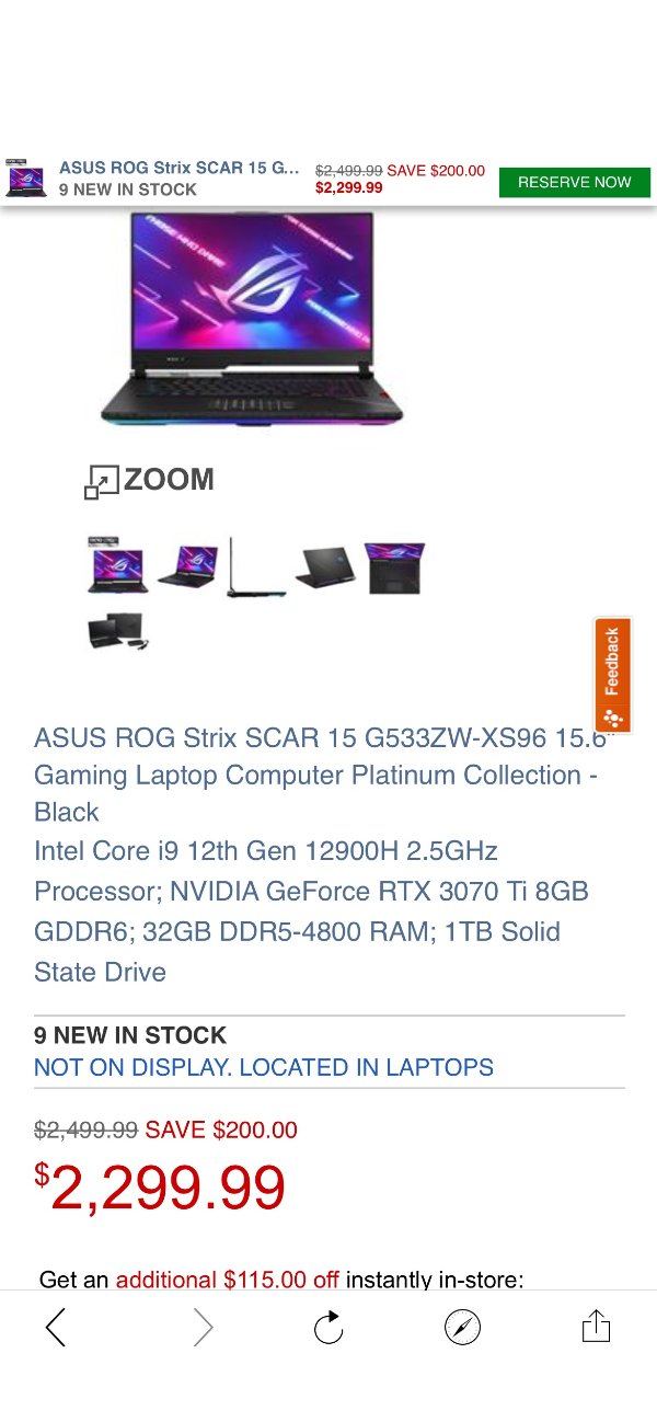 ASUS ROG Strix SCAR 15 G533ZW-XS96 15.6" Gaming Laptop Computer Platinum Collection - Black; Intel Core i9 12th Gen - Micro Center