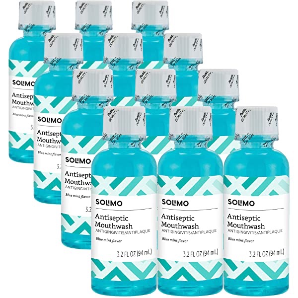 Amazon.com : Amazon Brand - Solimo Antiseptic Mouthwash, Blue Mint, 3.2 Fl Oz (Pack of 1) : Health & Personal Care消毒杀菌速口水