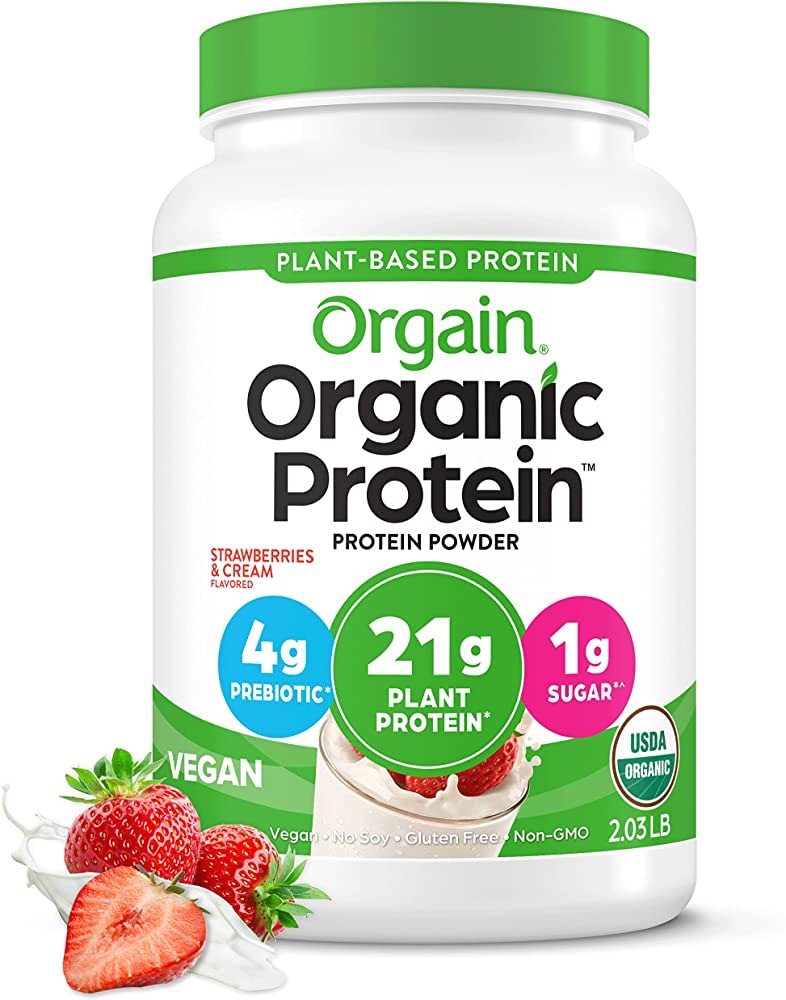 Amazon.com: Orgain Organic Vegan Protein Powder, Strawberries & Cream - 21g of Plant Based Protein, Low Net Carbs, Gluten/ Lactose Free, No Sugar Added, Soy Free, Non-GMO, 2.03 Lb