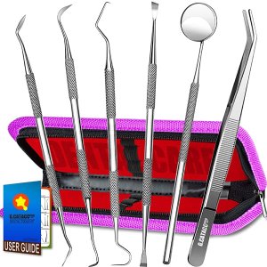 $8.17 Amazon.com: 牙科工具,牙齿牙菌斑去除剂,专业牙齿卫生清洁套件,不锈钢牙刮器牙菌斑去除剂清洁剂,牙签洁牙器口腔护理工具套装 - 带盒