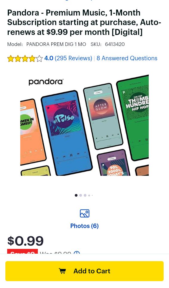 Pandora Premium Music, 1-Month Subscription starting at purchase, Auto-renews at $9.99 per month [Digital] PANDORA PREM DIG 1 MO - Best Buy