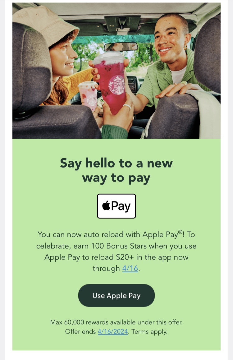 星巴克使用Apple Pay 充值20刀，送100星星