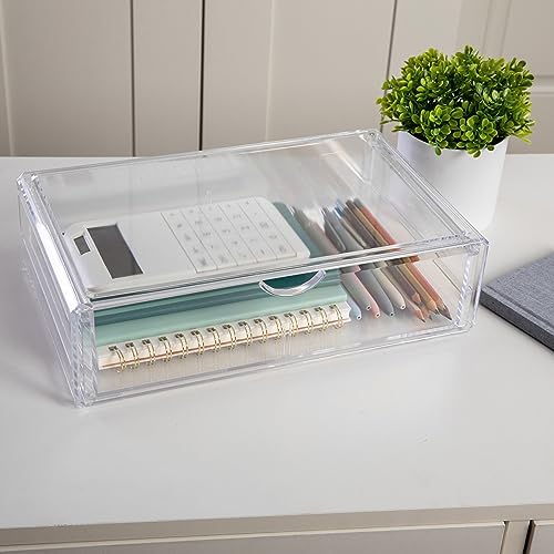 Amazon.com : Martha Stewart Brody Desk Organizer with Drawer, Stackable Plastic Desk Storage Box, Organizer for Office, Bathroom, Countertop or Dorm, 12.75&quot; x 7.75&quot;, Clear : Office Products