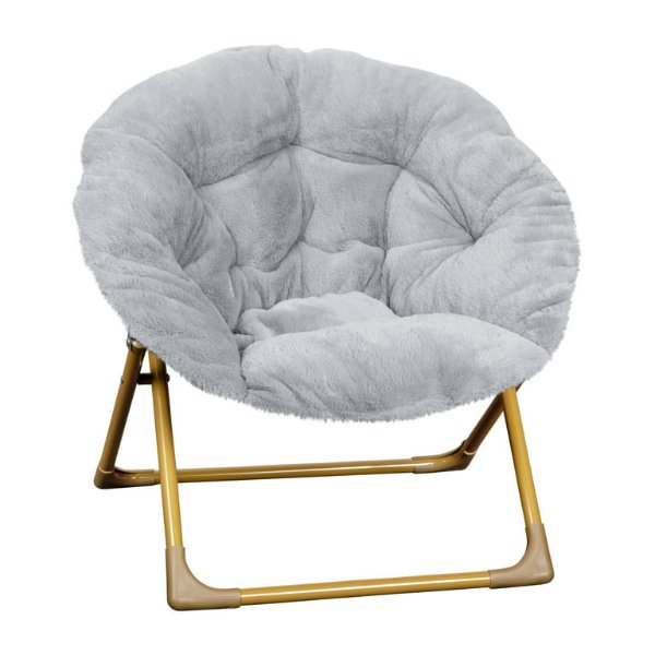 Gwen 23" Kids Cozy Mini Folding Saucer Chair, Faux Fur Moon Chair for Toddlers and Bedroom, Gray/Soft Gold