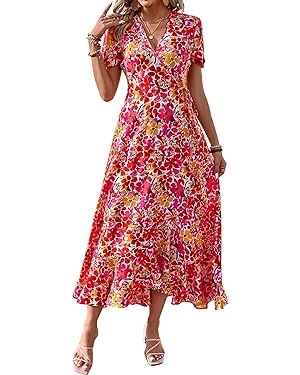 Amazon PRETTYGARDEN 女式夏季裹身长裙休闲波西米亚风花卉 V 领短袖荷叶边下摆开衩海滩长裙
