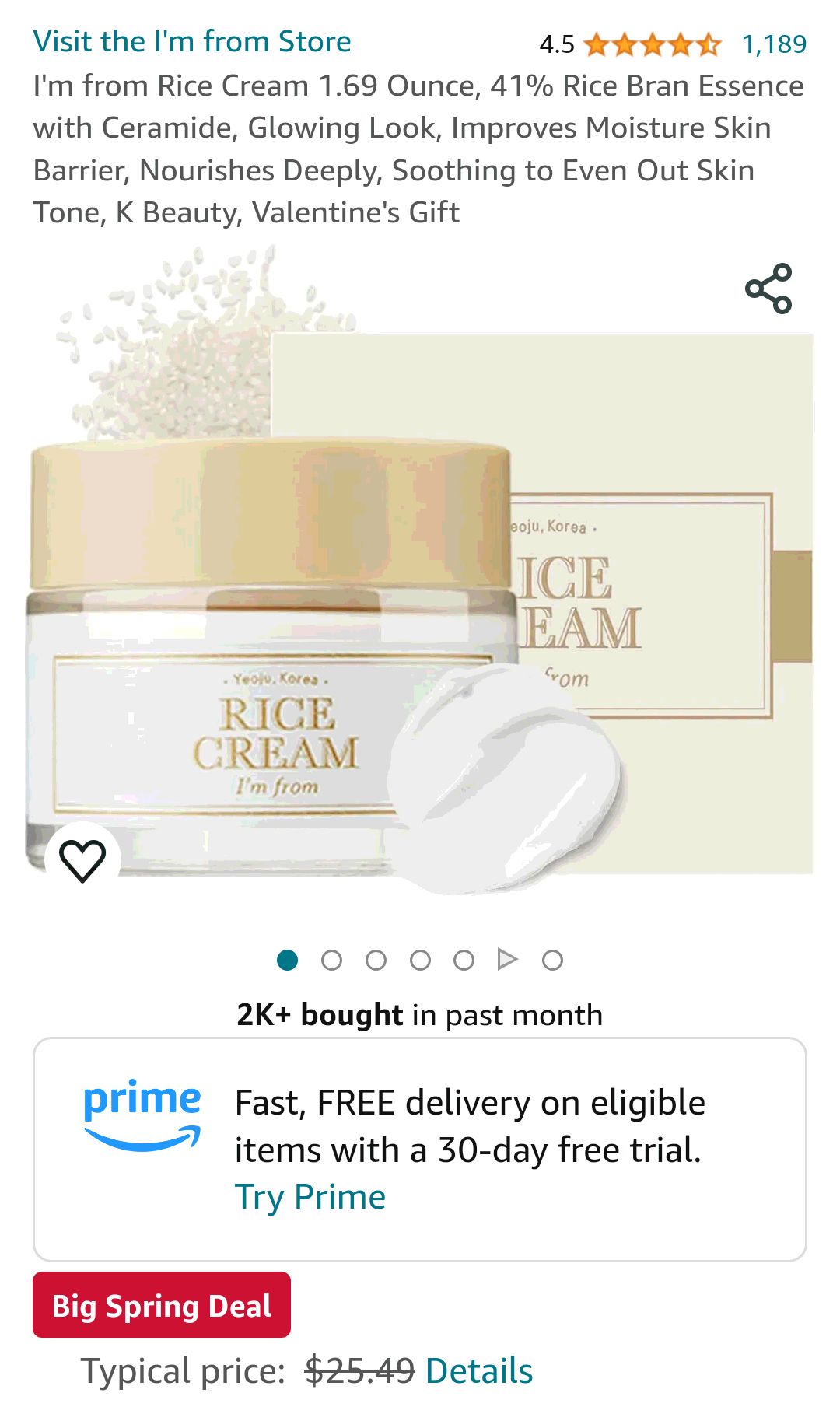 I'm from Rice Cream 1.69 Ounce, 41% Rice Bran Essence with Ceramide, Glowing Look, Improves Moisture Skin Barrier, Nourishes Deeply, Soothing to Even Out Skin Tone, K Beauty, Valentine's Gift : Beauty