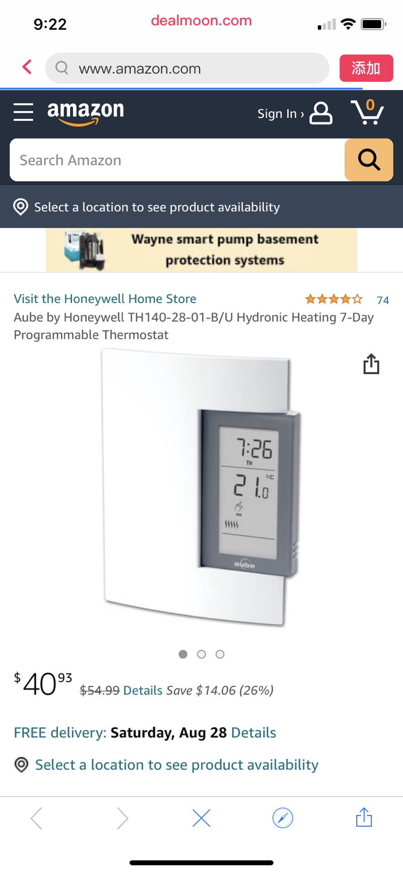 Aube by Honeywell TH140-28-01-B/U Hydronic Heating 7-日设置温湿度调控器