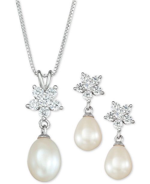 Macy's Cultured Freshwater Pearl (7 x 9mm) & Cubic Zirconia Pendant Necklace & Drop Earrings Set in Sterling Silver, Created for Macy's - Jewelry & Watches - Macy's珍珠项链套装