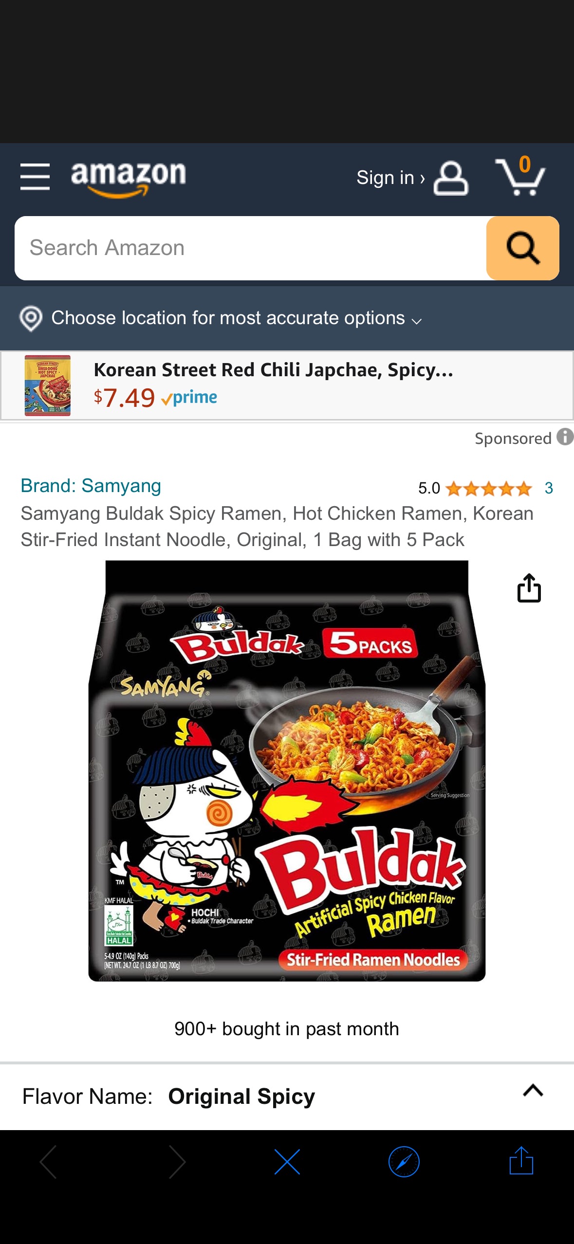 Amazon.com : Samyang Buldak Spicy Ramen, Hot Chicken Ramen, Korean Stir-Fried Instant Noodle, Original, 1 Bag with 5 Pack : Grocery & Gourmet Food
