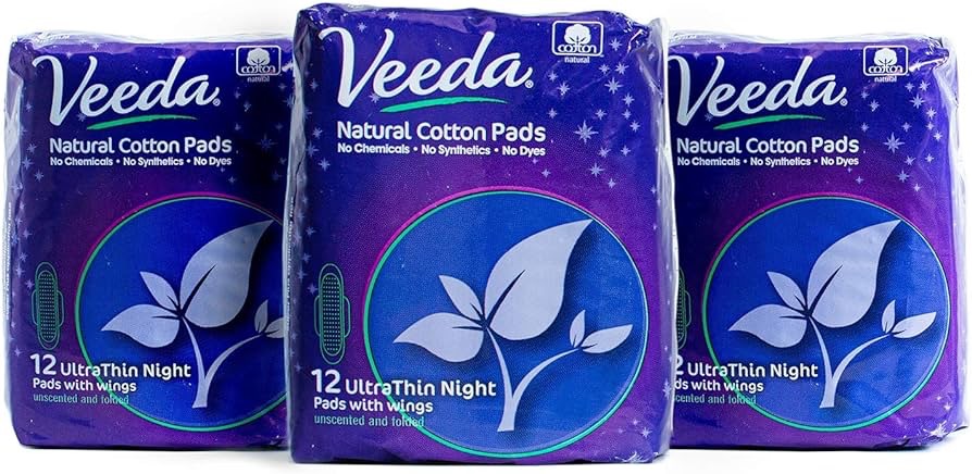 Amazon.com: Veeda Ultra Thin Super Absorbent Night Pads Are Always Chlorine, Dye and Fragrance Free, Natural Cotton Sanitary Napkins,3 Packs of 12 Count Each : Health & Household 超薄卫生巾