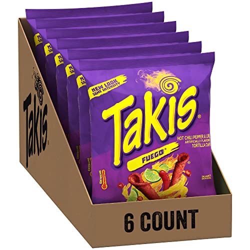 Takis Fuego Rolled Tortilla Chips, Hot Chili Petlibropper and Lime Artificially Flavored, 6 Individual Bags, 4 Ounces Each, Net Weight of 24 Ounces