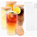 Amazon.com | Combler Ribbed Glass Cups with Glass Straws, 11oz Drinking Glasses Set of 8, Ribbed 
