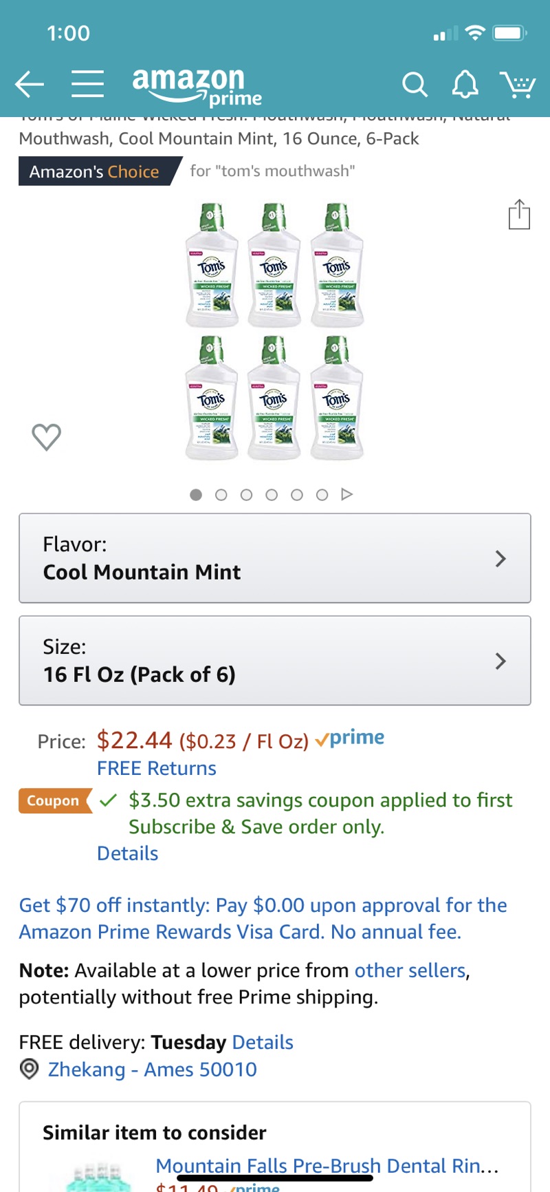 Amazon.com : Tom's of Maine Wicked Fresh! Mouthwash, Mouthwash, Natural Mouthwash, Cool Mountain Mint, 16 Ounce, 6-Pack : Beauty 缅因州的汤姆漱口水六瓶装