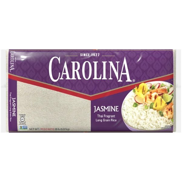 Carolina Jasmine Rice, Thai Fragrant Long Grain Rice, 20 lb Bag