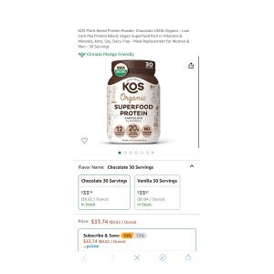 $33.74 Amazon.com: KOS Plant Based Protein Powder, Chocolate USDA Organic - Low Carb Pea Protein Blend, Vegan Superfood Rich in Vitamins & Minerals, Keto, Soy, Dairy Free