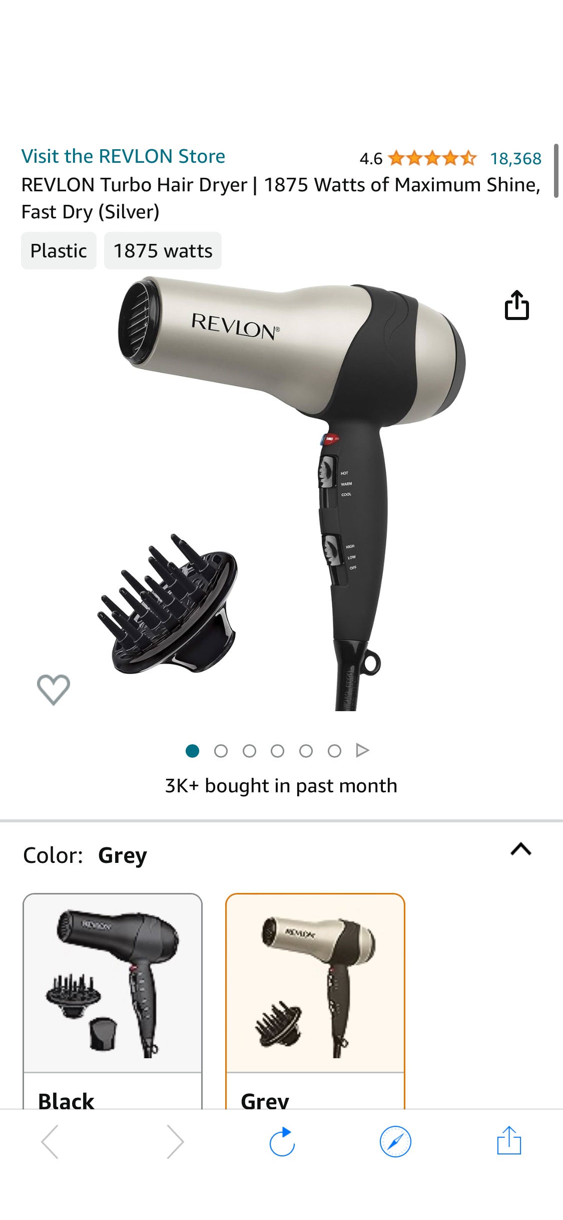Amazon.com : REVLON Turbo Hair Dryer | 1875 Watts of Maximum Shine, Fast Dry (Silver) : Beauty & Personal Care