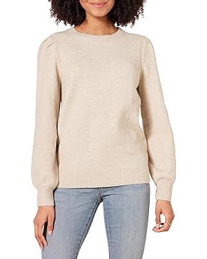 Amazon.com: Amazon Essentials Women&#39;s Soft Touch Pleated Shoulder Crewneck Sweater, Beige, Small : Clothing, Shoes &amp; Jewelry