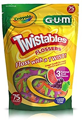 Crayola Twistables Flossers, Fluoride Coated, Twisted Fruit Flavors, Ages 3+, 75 Count 儿童牙线
