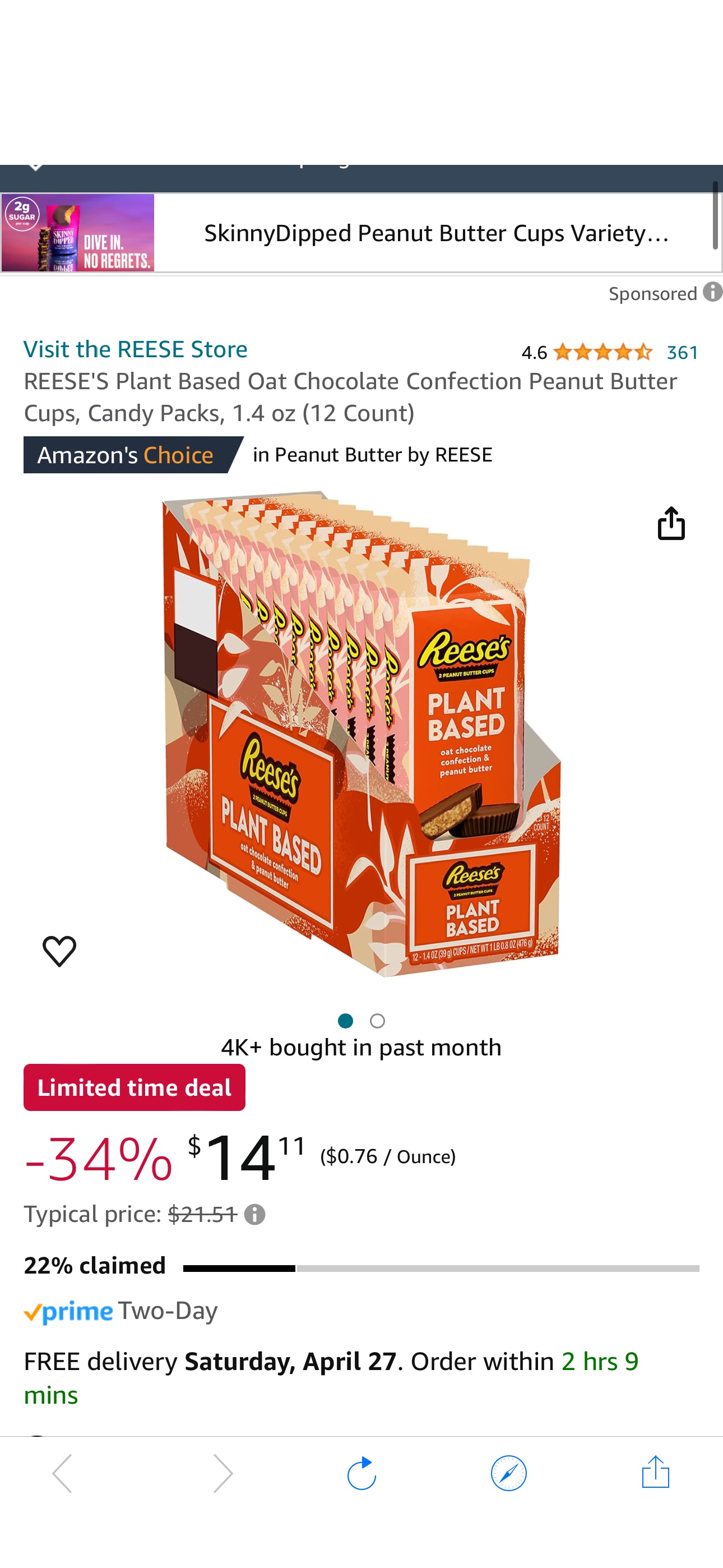 Amazon.com : REESE'S Plant Based Oat Chocolate Confection Peanut Butter Cups, Candy Packs, 1.4 oz (12 Count) : Grocery & Gourmet Food
