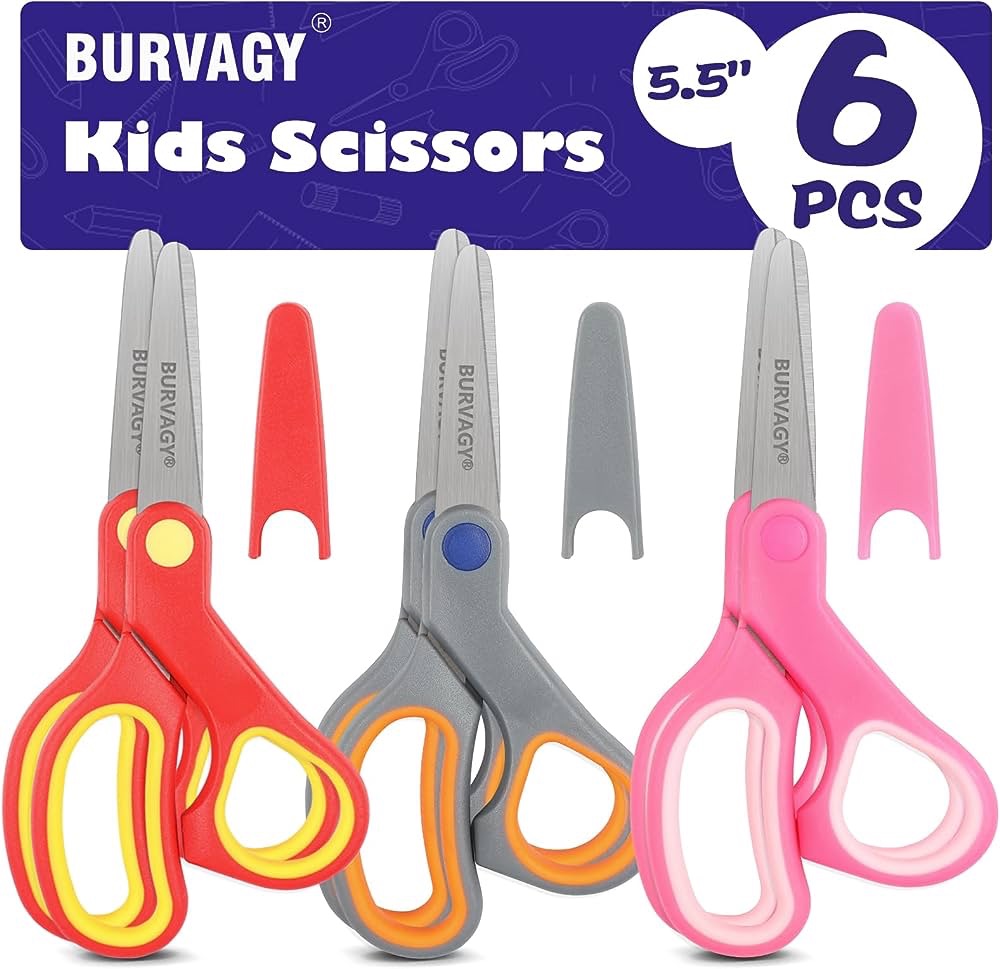 儿童剪刀 6 件装，BURVAGY 5.5 英寸带盖安全小剪刀，学生钝尖剪刀，适合学童年龄 4-7 8 9 10-12