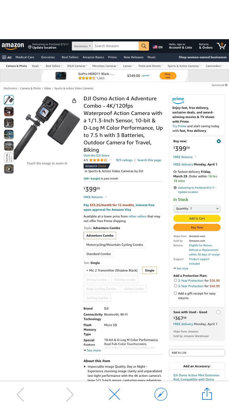 Amazon.com : DJI Osmo Action 4 Adventure Combo - 4K/120fps Waterproof Action Camera with a 1/1.3-Inch Sensor, 10-bit & D-Log M Color Performance, Up to 7.5 h with 3 Batteries, Outdoor Camera for Trave