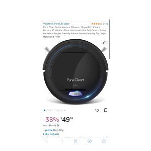 $49.99 Amazon.com: Pure Clean Robot Vacuum Cleaner - Upgraded Lithium Battery 90 Min Run Time - Automatic Bot Self Detects Stairs Pet Hair