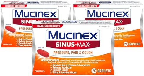 Amazon.com: Mucinex Maximum Strength Sinus-Max Pressure and Pain Caplets, Relieves Sinus Pressure & Congestion, Headache & Fever, and Thins &amp; Loosens Mucus, 20 Count (Pack of 3)