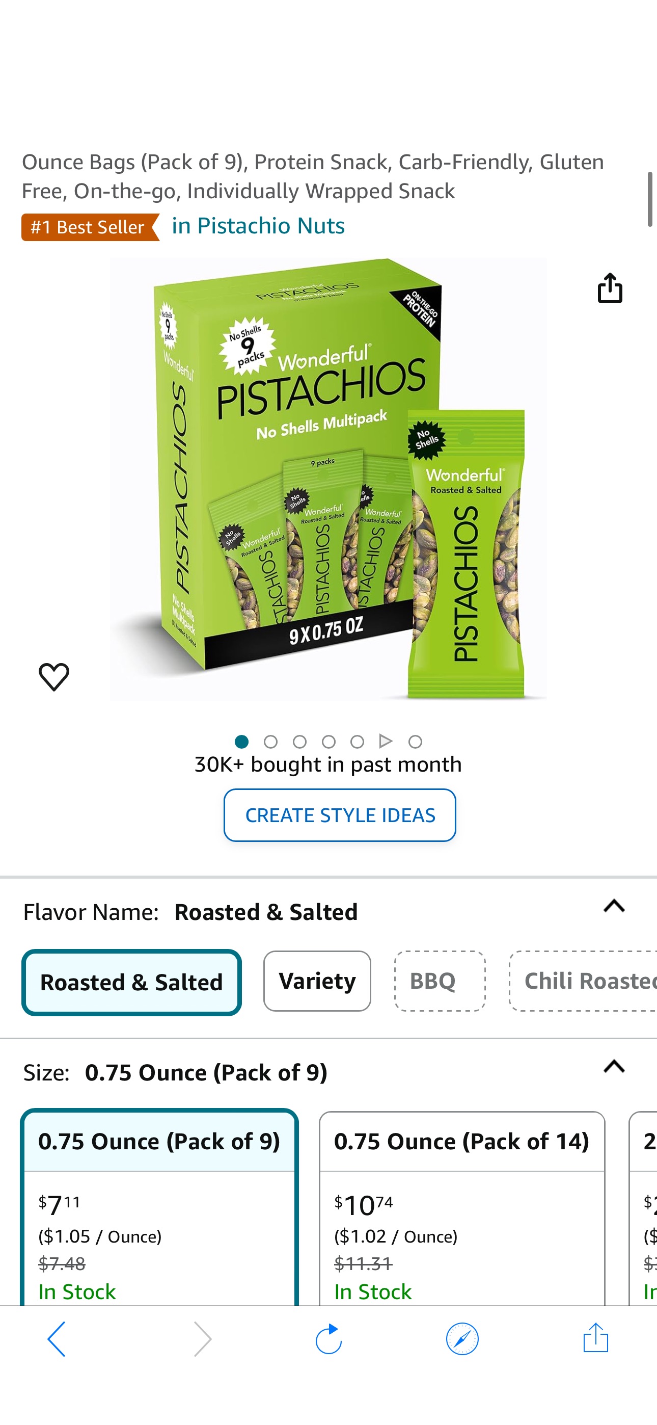 Amazon.com : Wonderful Pistachios No Shells, Roasted & Salted Nuts, 0.75 Ounce Bags (Pack of 9), Protein Snack, Carb-Friendly, Gluten Free, On-the-go, Individually Wrapped Snack : Grocery & Gourmet Fo