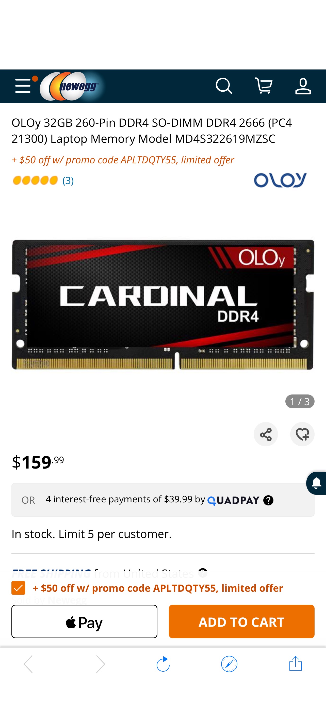 OLOy 32GB 260-Pin DDR4 SO-DIMM DDR4 2666 (PC4 21300) Laptop Memory Model MD4S322619MZSC Laptop 原价159， 有50的promo code，可以叠加