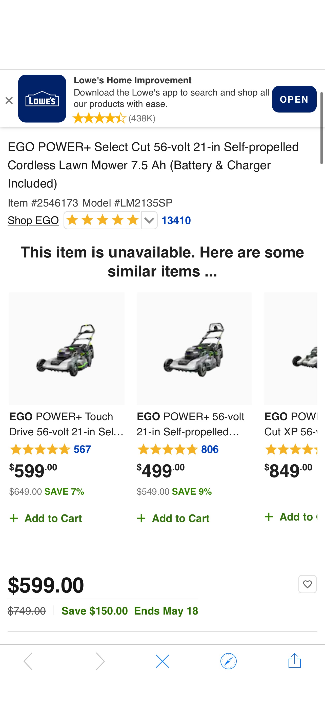 EGO POWER+ Select Cut 56-volt 21-in Self-propelled Cordless Lawn Mower 7.5 Ah (Battery & Charger Included) in the Cordless Electric Push Lawn Mowers department at Lowes.com