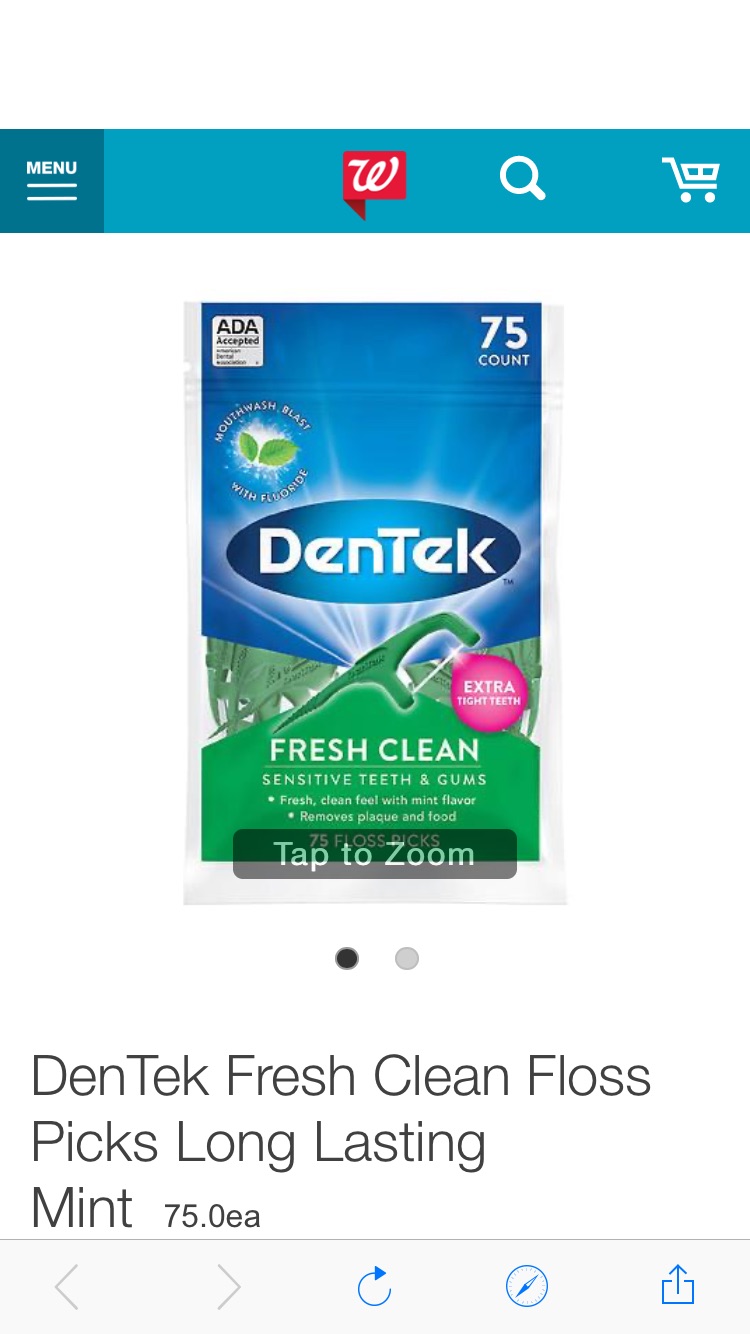 DenTek Fresh Clean Floss Picks Long Lasting Mint | Walgreens
DenTek 牙線棒。$5兩包，買一送一，等於$1.25一包。75隻裝。$35免郵。