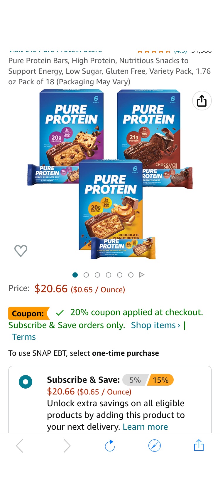 Amazon.com: Pure 蛋白棒 18条 低糖 多口味