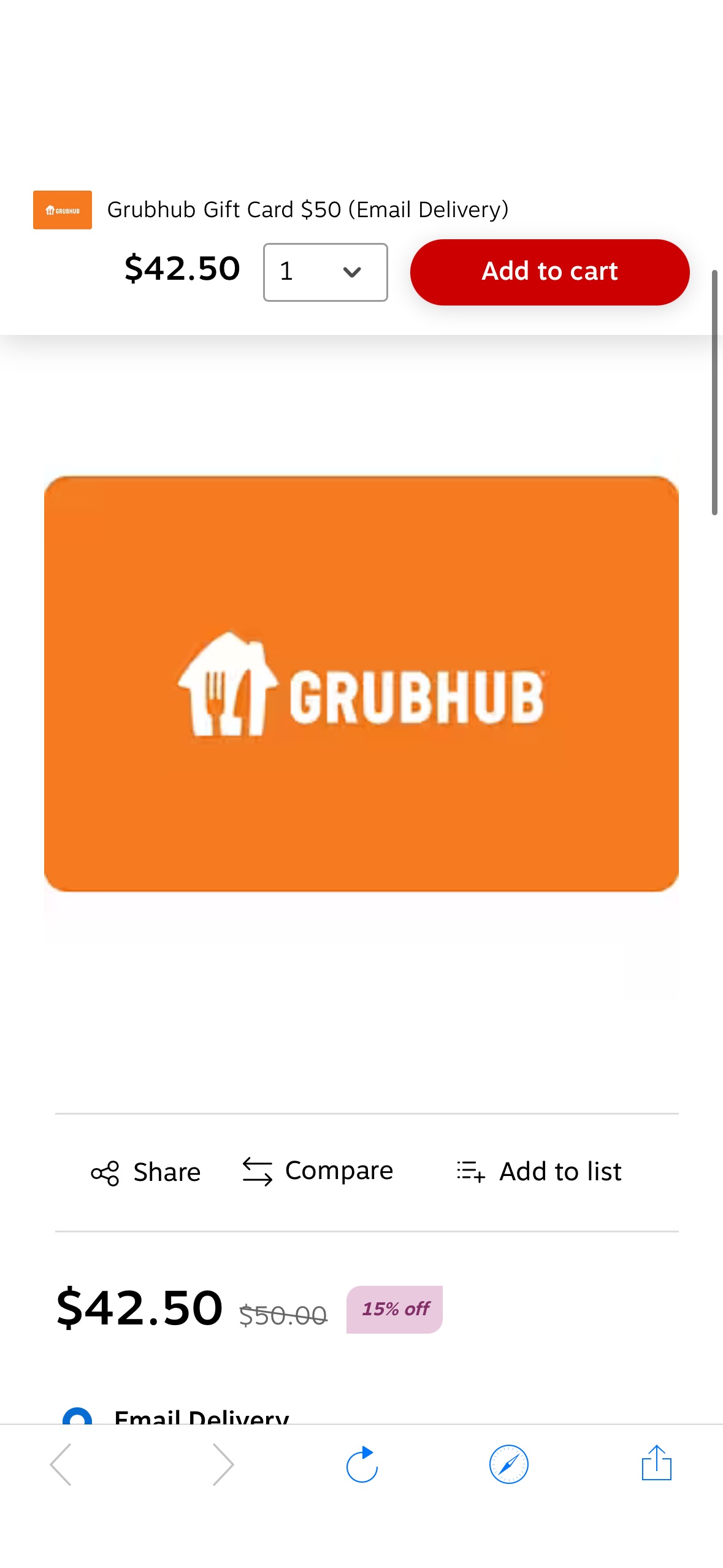 Grubhub Gift Card $50 (Email Delivery) | Staples
