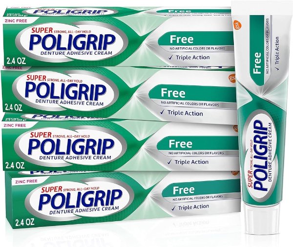Super Poligrip Zinc Free Denture and Partials Adhesive Cream, 2.4 ounce (Pack of 4)