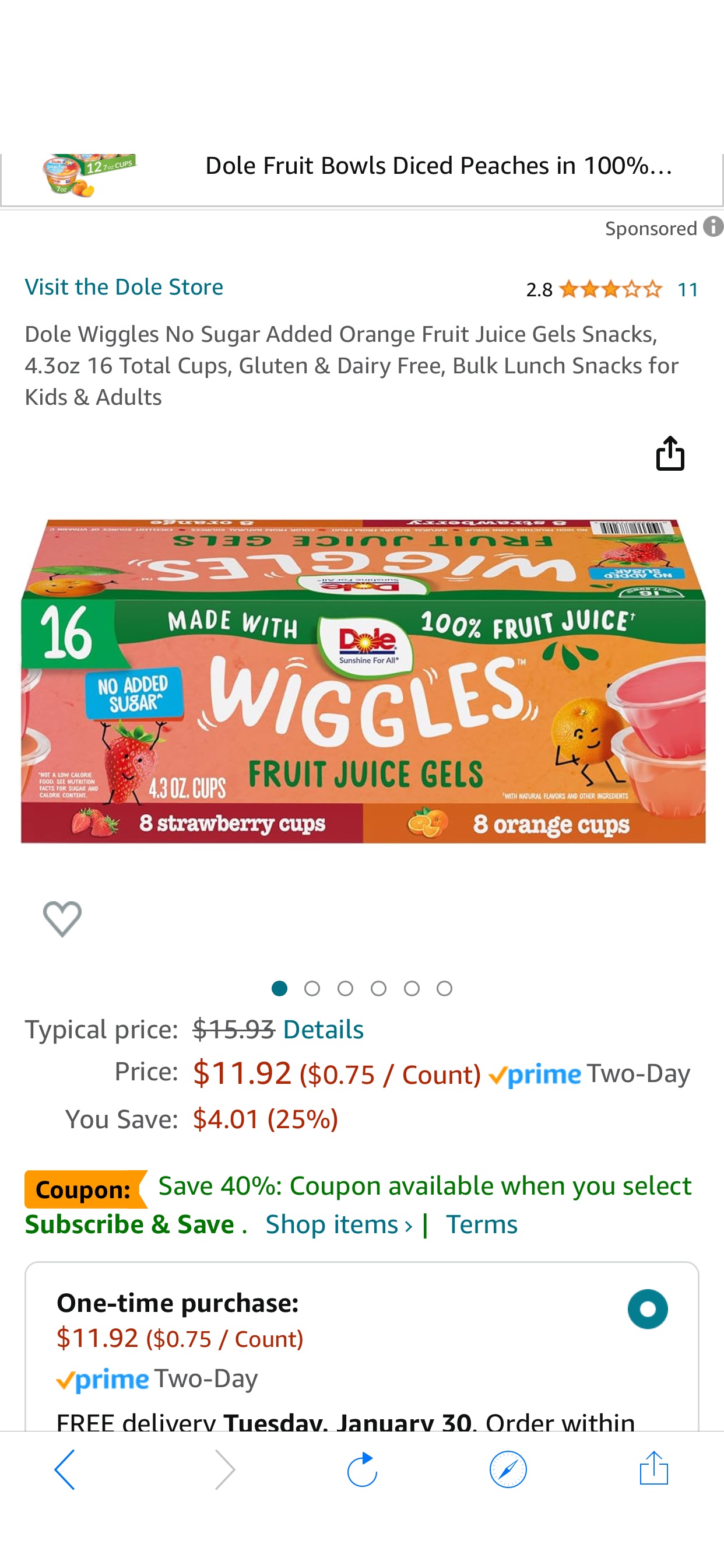 Amazon.com: Dole Wiggles No Sugar Added Orange Fruit Juice Gels Snacks, 4.3oz 16 Total Cups 橙子水果杯