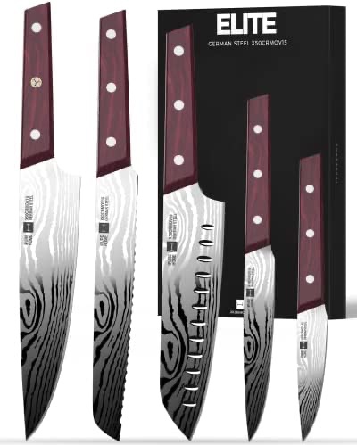 iPUREHOME® 厨房刀具 - 精英系列 - 5 件套厨房刀具 X50CrMoV15 高碳德国钢制厨师刀套装锋利烹饪刀套装礼品