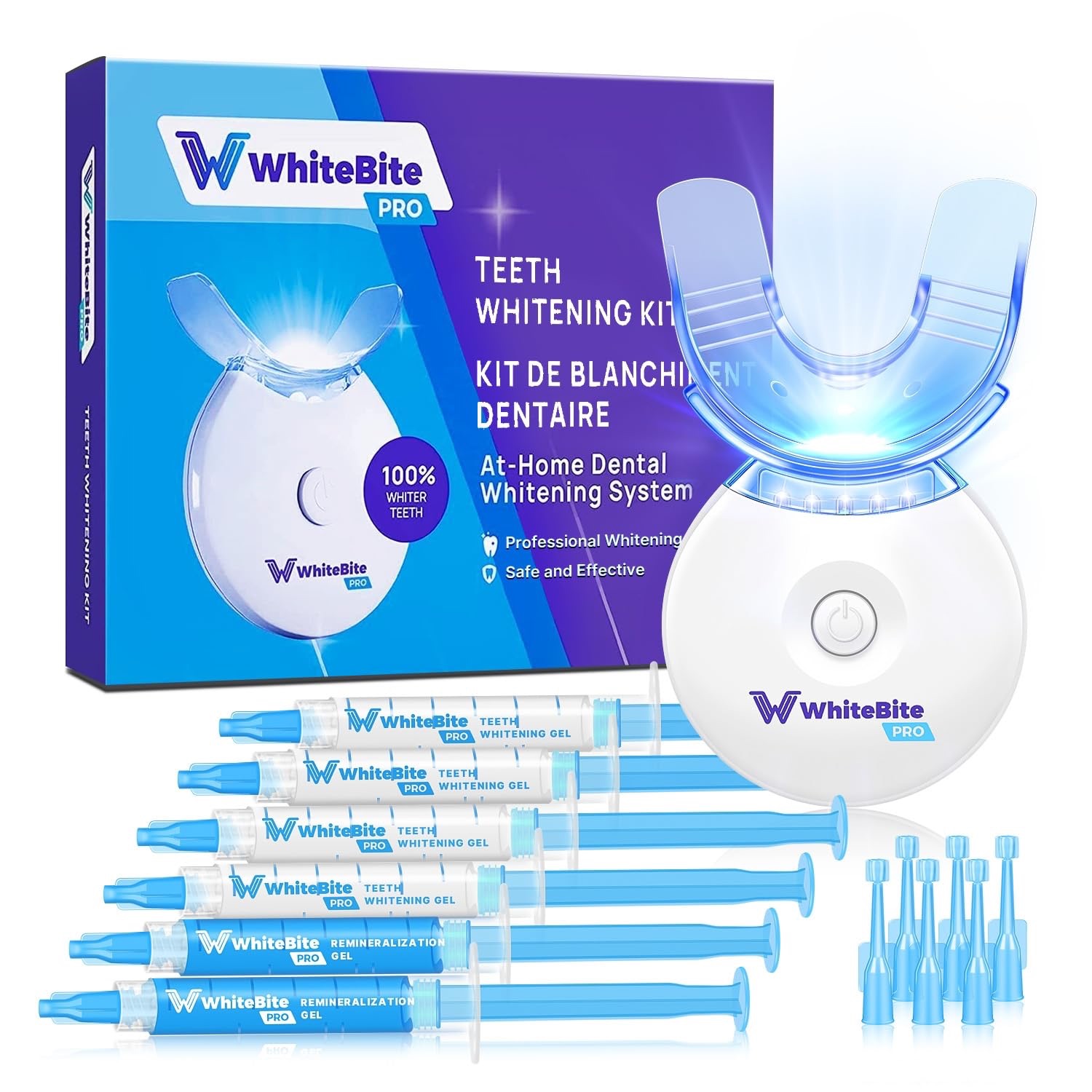 Whitebite Pro Teeth Whitening Kit with LED Light for Sensitive Teeth, Tooth Whitening System with 35% Carbamide Peroxide, (4)3ml Gel Syringes, (2)Remineralization Gel, and Mouth Tray, 7 Piece Set : Am