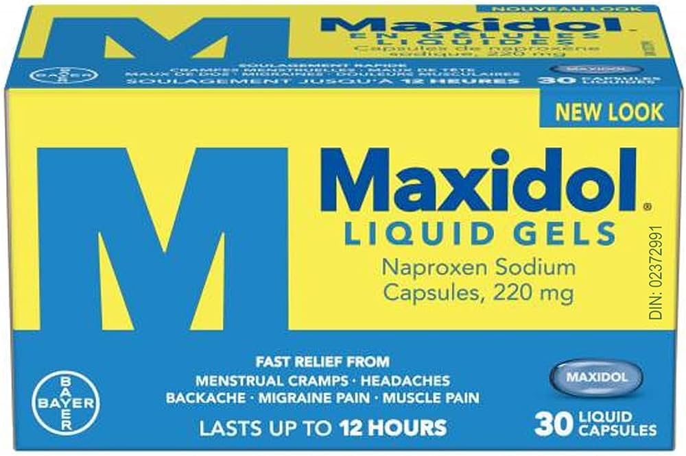 Maxidol Liquid Gels Pain Reliever - Fast Relief of Pain such as Menstrual Cramps, Headaches, Backaches, Migraine Pain and Muscle Pain, 220mg Naproxen Sodium (30 Liquid Capsules) : Amazon.ca: Health & 