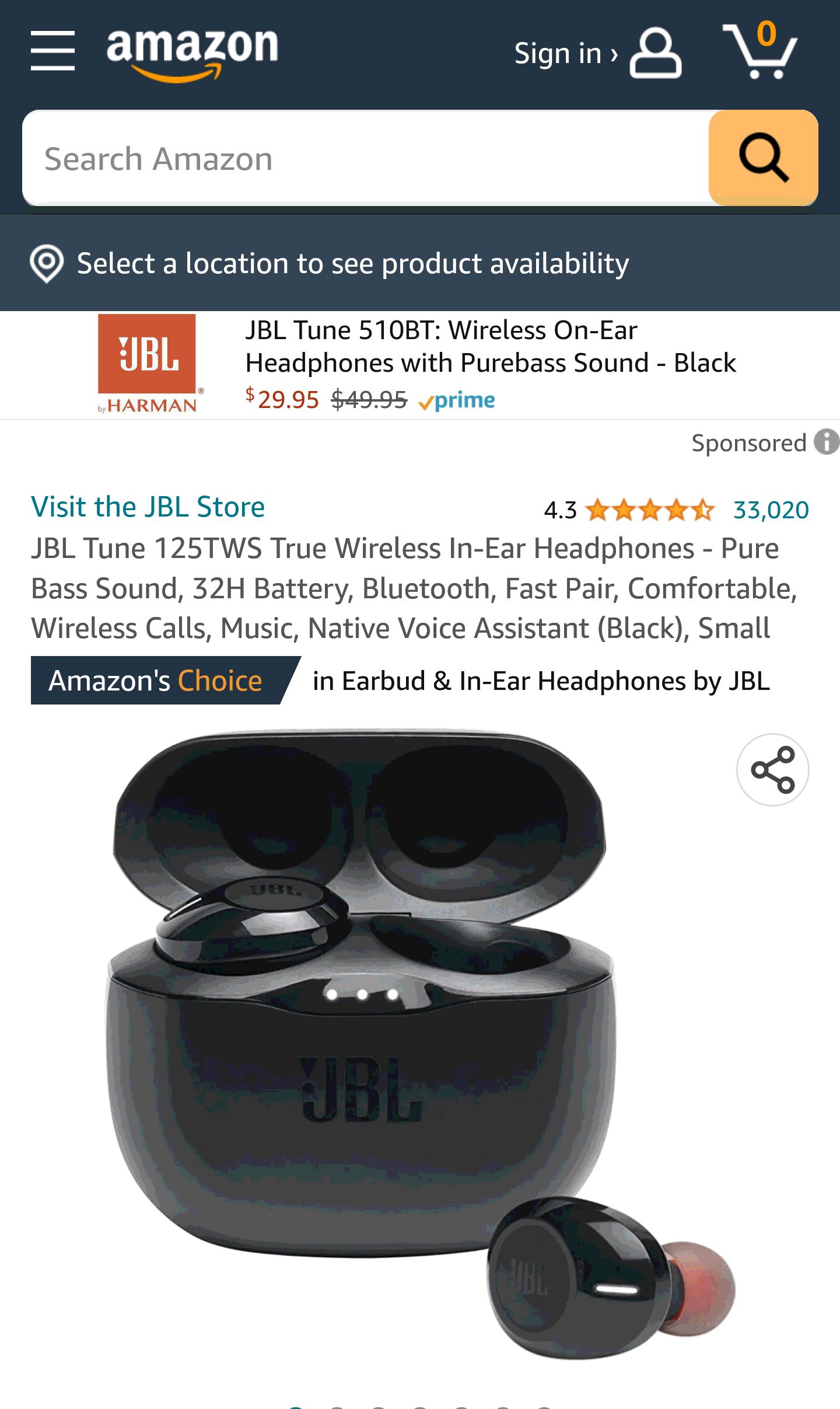 JBL Tune 125TWS True Wireless In-Ear Headphones - Pure Bass Sound, 32H Battery, Bluetooth, Fast Pair, Comfortable, Wireless Calls, Music, Native Voice Assistant (Black), Small : Electronics
