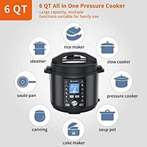 $64.49 MOOSOO 13-in-1 Electric Pressure Cooker, 6 QT Instant Pot with Big LCD Display, Stainless Steel, Sterilizer, Slow Cooker, Steamer, Rice Cooker, Saute, with 8 Accessories and Recipes, Black多功能压力锅