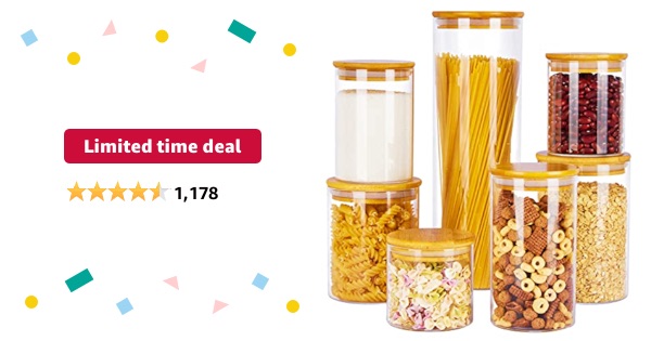 Limited-time deal: Vtopmart Glass Food Storage Jars, 7 Pack Food Containers with Airtight Bamboo Wooden Lids for Pasta, Cookies, Nuts, Coffee Beans, Cereal, Glass Canisters for Kitchen, Pantry Organiz