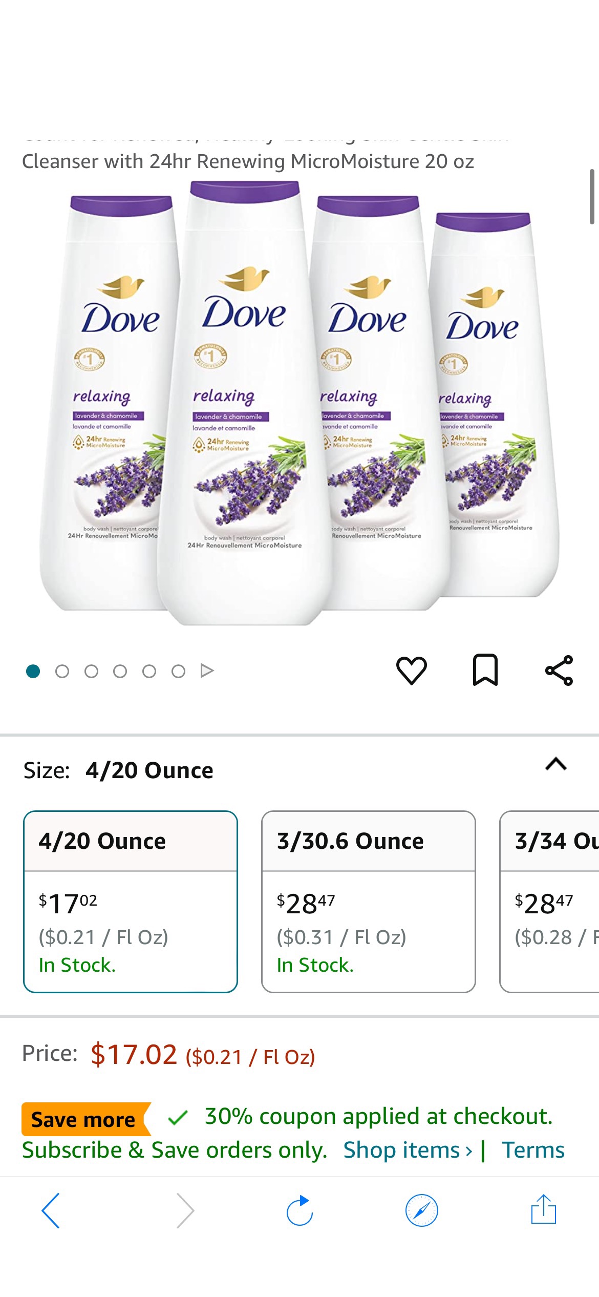 Amazon.com : Dove Body Wash Relaxing Lavender Oil & Chamomile 4 Count for Renewed, Healthy-Looking Skin Gentle Skin Cleanser with 24hr Renewing MicroMoisture 20 oz : Beauty & Personal Care