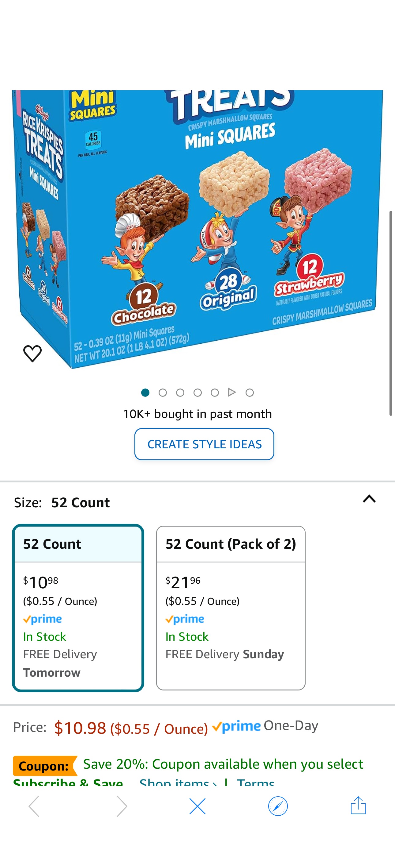 Amazon.com : Rice Krispies Treats Mini Squares, Kids Snacks, Lunch Snacks, Variety Pack, 20.1oz Box (52 Bars) : Everything Else coupon