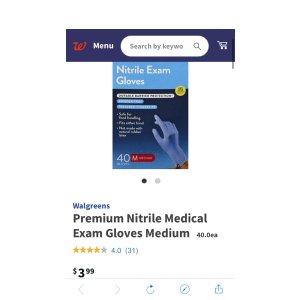 $3.99 Walgreens Premium Nitrile 一次性手套 中号40个