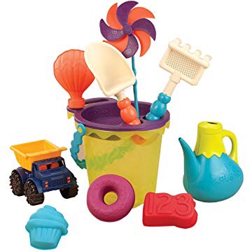 Amazon.com: B. toys – B. Ready Beach Bag – Beach Tote with Mesh Panel and 11 Funky Sand Toys – Phthalates and BPA Free 沙滩玩具套装