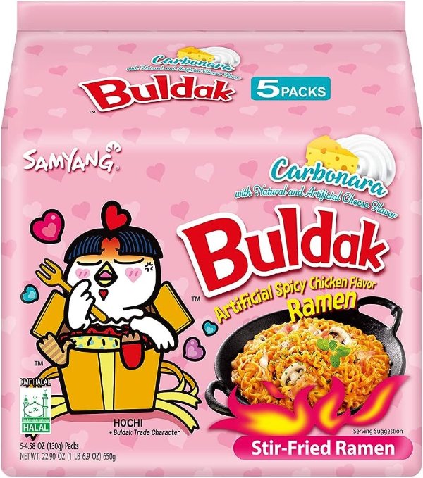 Samyang Buldak Carbo Korean Spicy Hot Chicken Stir-Fried Noodles 4.58oz (Pack of 5)