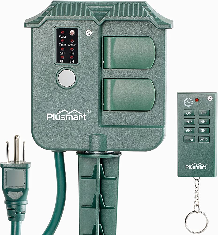 Plusmart Outdoor Power Stake Timer, Wireless Remote Control, Photocell Light Sensor, 6ft Extension Cord with Switch, 3 Waterproof Grounded Outlets with Cover, UL Listed - - Amazon.com
